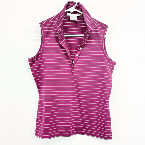 Nike Dri-Fit Magenta Stripe Sleeveless Quarter Button Performance Golf Shirt - Picture 3 of 16